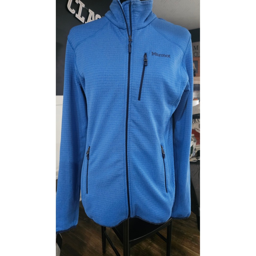 Gorpcore Marmot Mens Blue Full Zip Grid Fleece  Mock Neck Hiking Mid-Layer Sz M